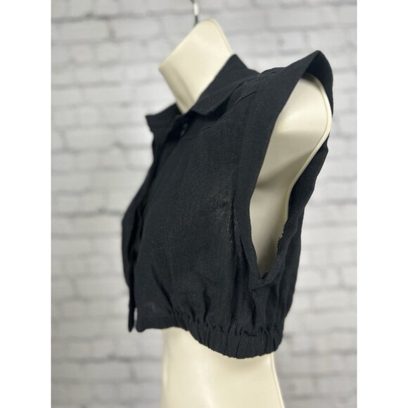 7 For All Mankind Black Cropped Elastic Waist Button Up Collared Top Size XS - Picture 4 of 7